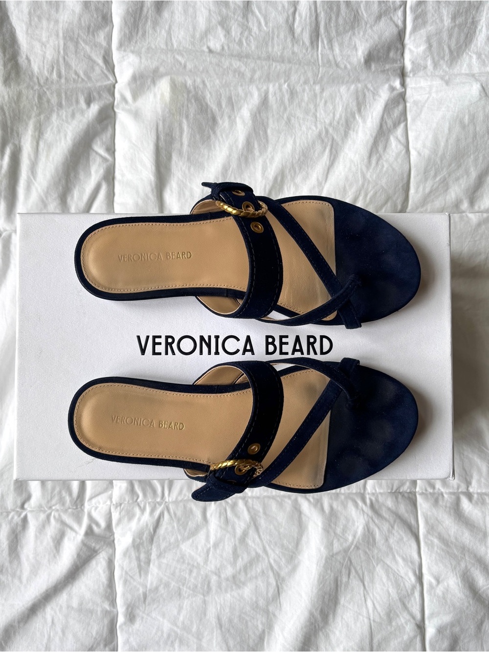 Veronica Beard Salva-3 Navy Suede Slide Mules with Gold Hardware - Size 6